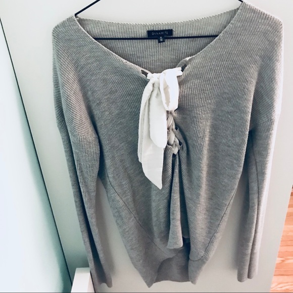 Dynamite Sweaters - 🛍Dynamite Gray White Tie Up Knit Sweater Medium